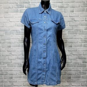 Vintage 90s Xhilaration Womens M/L Pearl Snap Buttons Denim Mini Shirt Dress‎